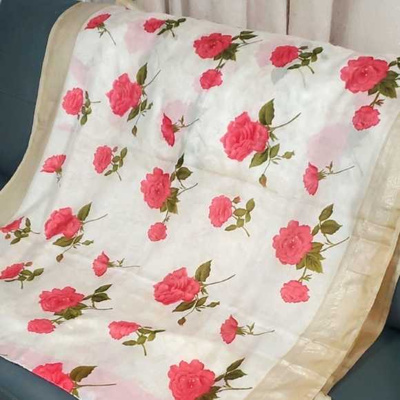 Floral Pink Roses and Golden Cream 213" x  46"  Dupatta Long Scarf with Fringe - Picture 1 of 7